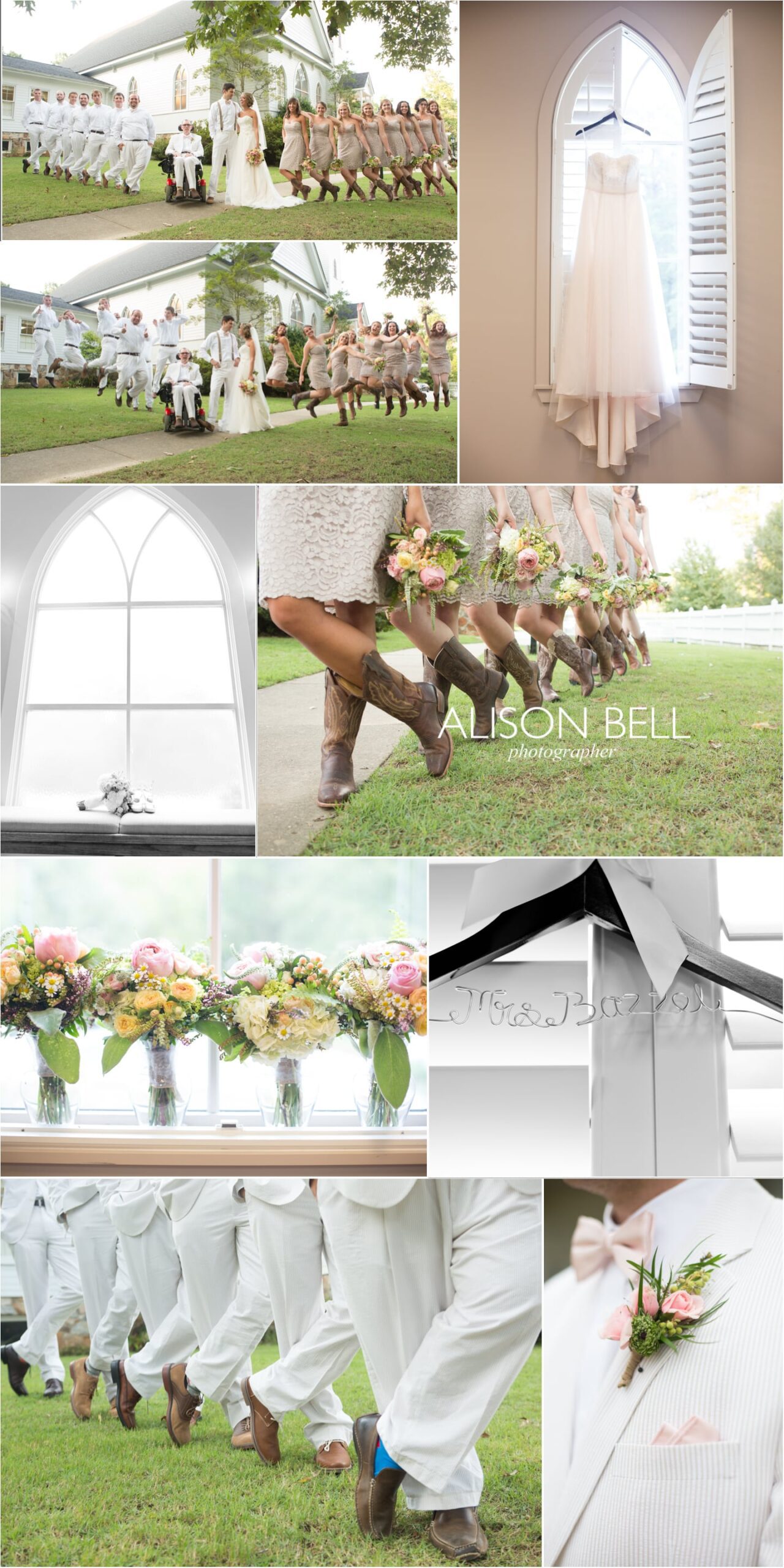 Altadena Valley Church wedding Photos, boots, bridesmaids, groomsmen, socks, hanger, dress, flowers