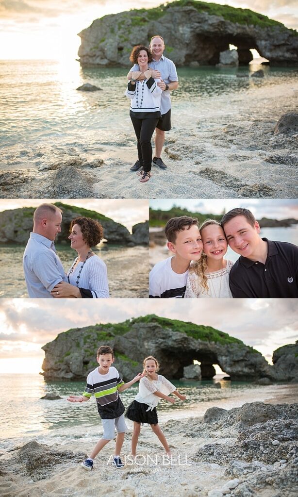 Family of 5 photo session at Mermaid's Grotto Beach in Okinawa, Japan.