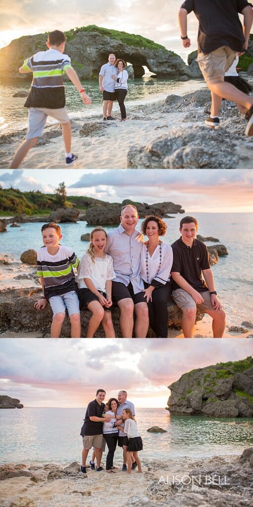 Family of 5 photo session and senior portraits at Mermaid's Grotto Beach in Okinawa, Japan.