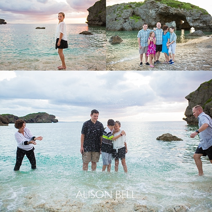 Family of 5 photo session and senior portraits at Mermaid's Grotto Beach in Okinawa, Japan.