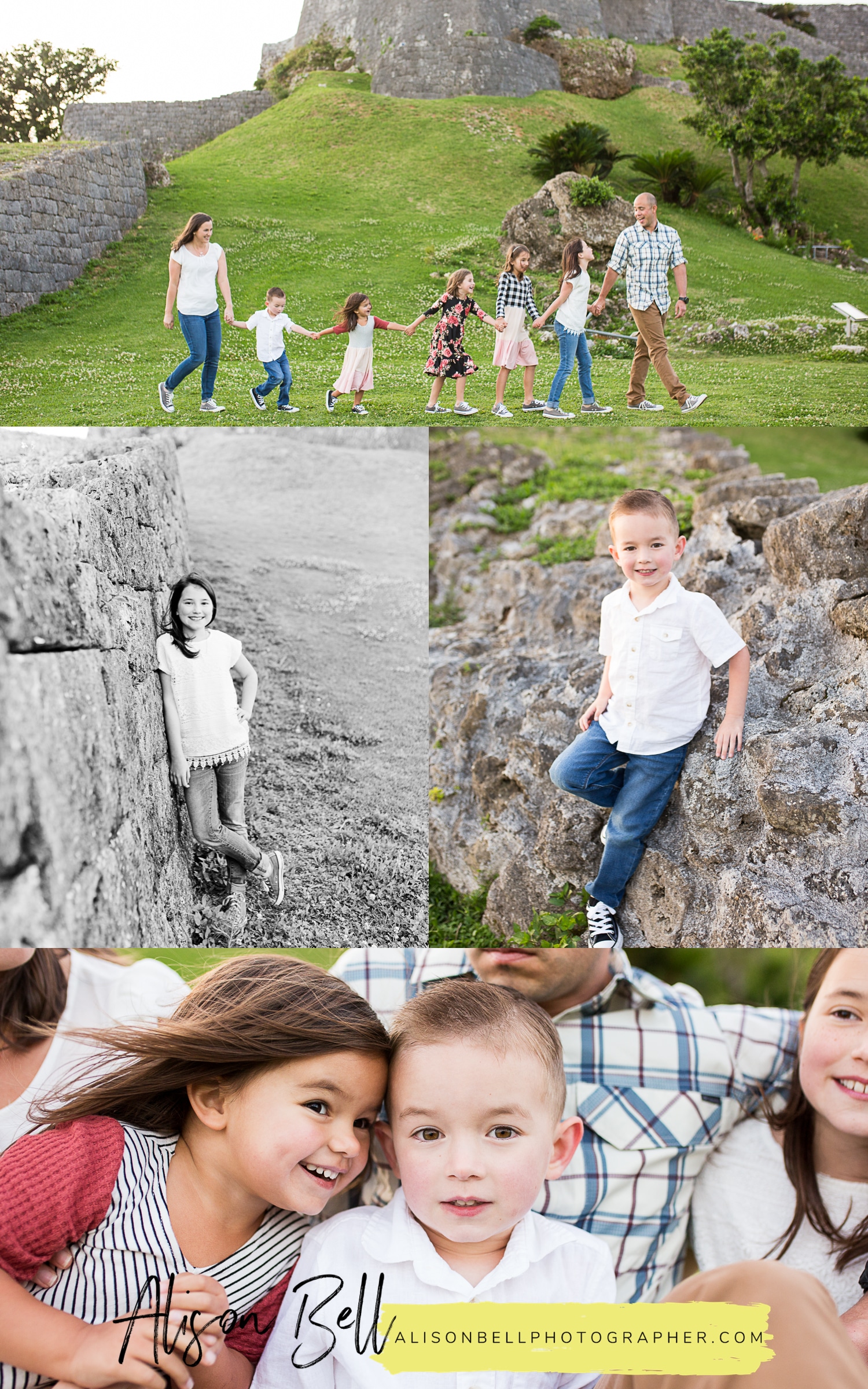 Large fun family photographer with seven kids at Katsuren Castle in Okinawa Japan by Alison Bell, Photographer