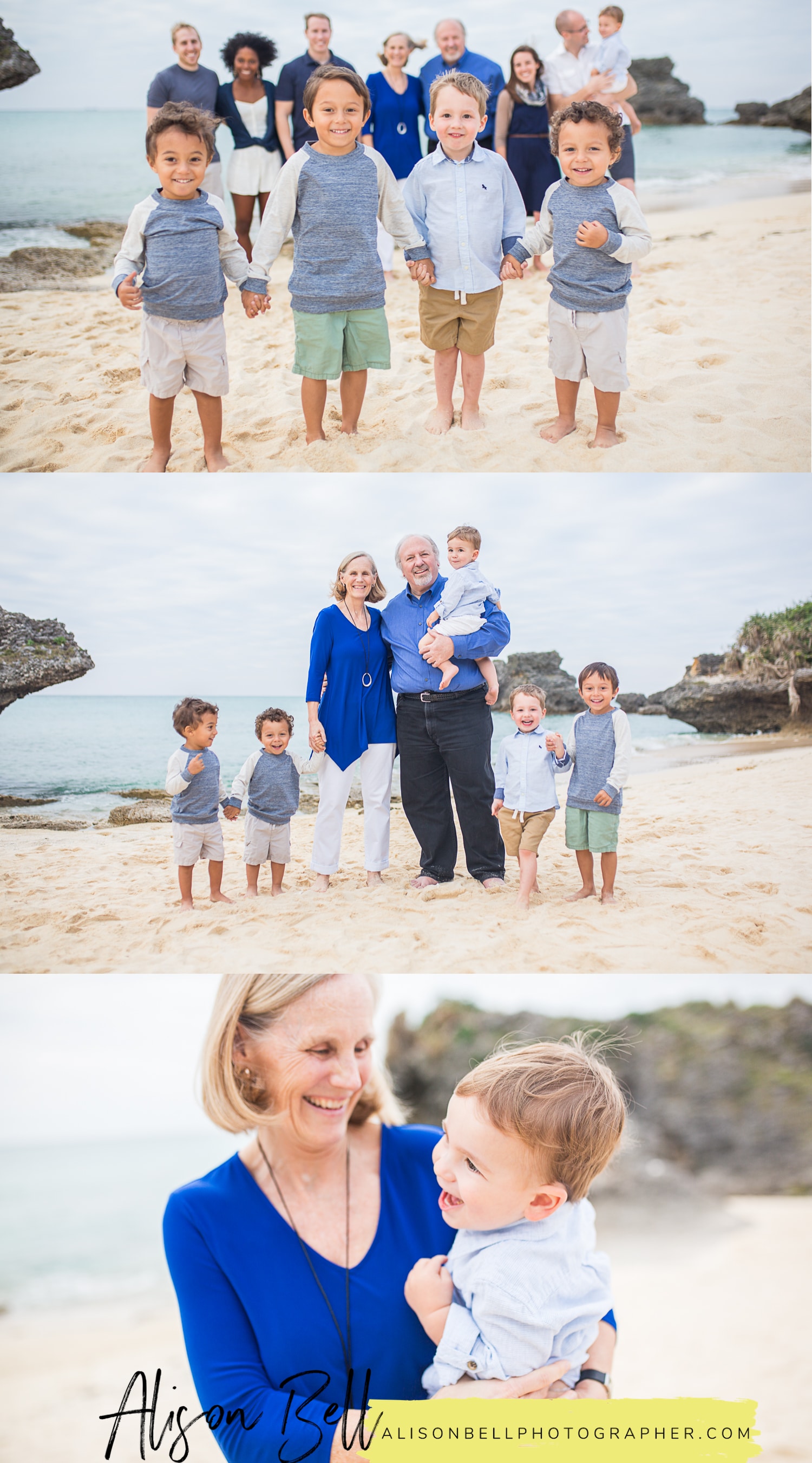 Extended family of 12 on the beach with 5 grandsons in Okinawa Japan by Alison Bell, Photographer