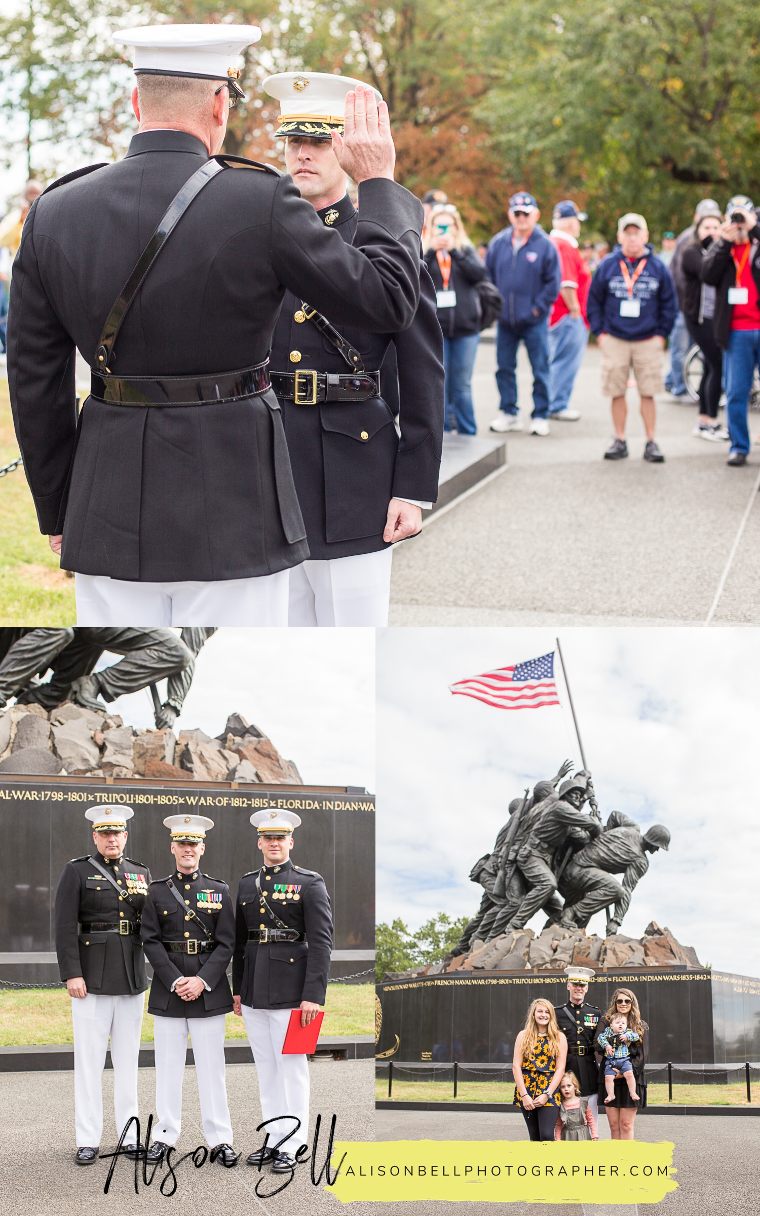 Marine Corps Promotion pinning ceremony at US Marine Corps War Memorial Iwo Jima Washington, DC by Alison Bell, Photographer. Military Ceremony photography