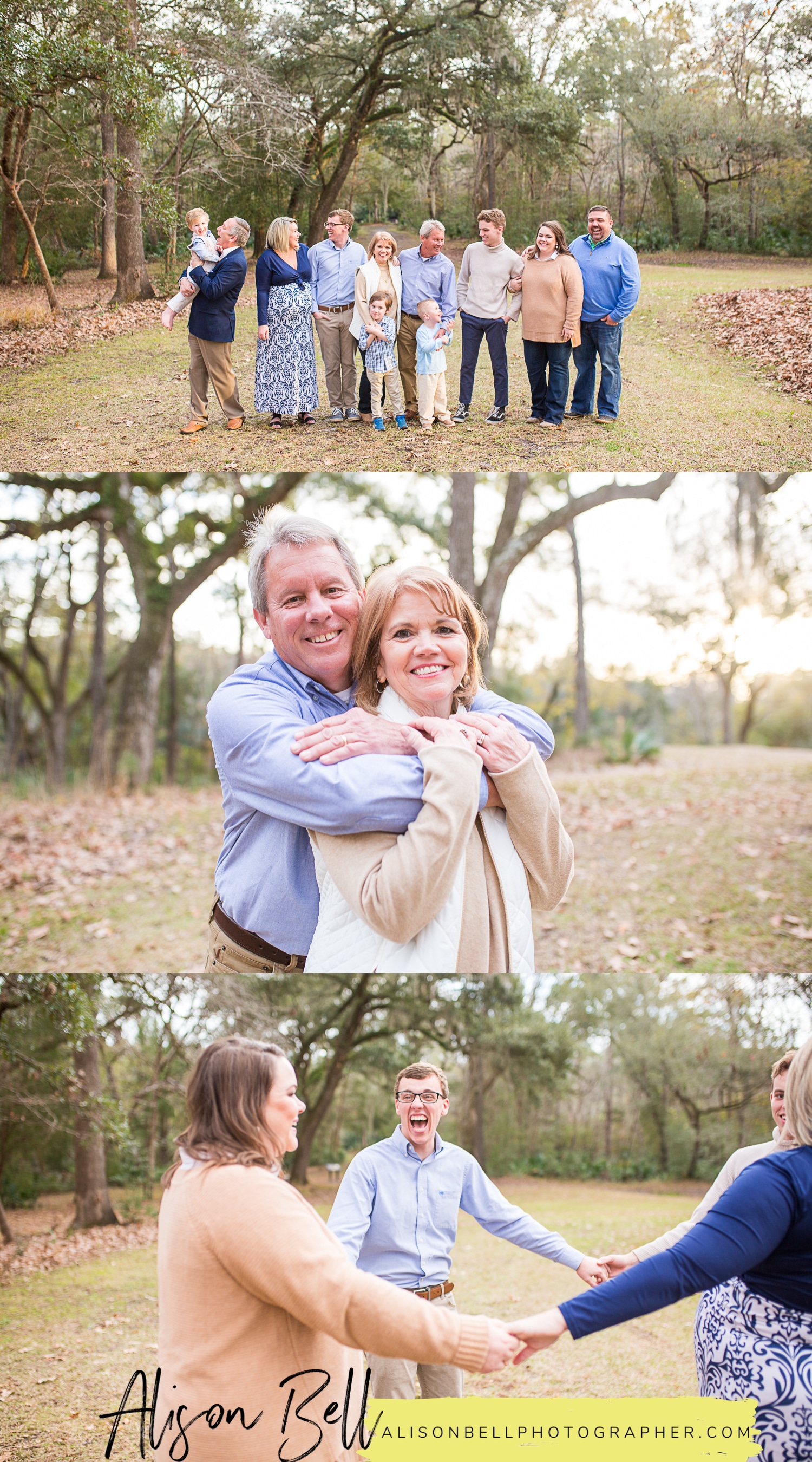 Extended family session with adult children, grandkids, and grandparents at Colonial Dorchester State Park in Charleston, South Carolina by Alison Bell, Photographer