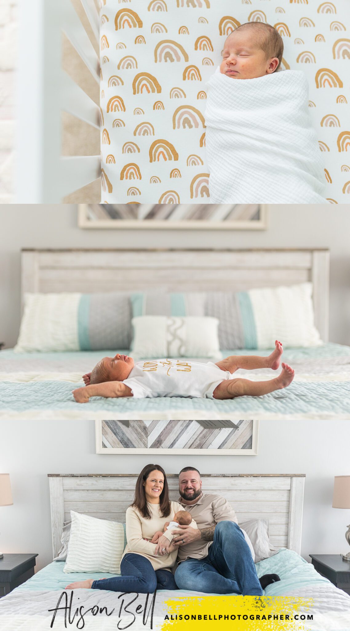 hawaii newborn photography by alison bell photographer. baby stretching on bed, with mom and dad, swaddled