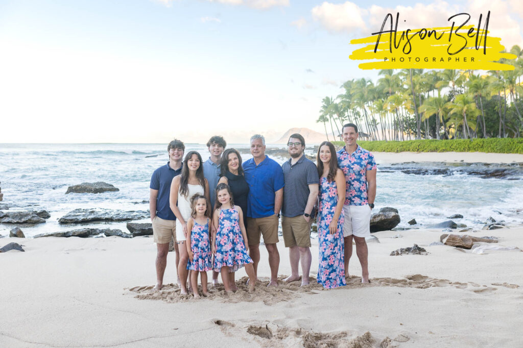 large extended family at paradise cove beach, ko olina, oahu by alison bell, photographer