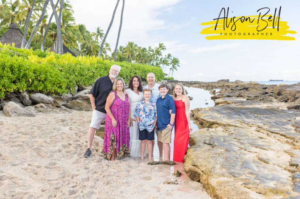 extended family at paradise cove beach, ko olina, oahu by alison bell, photographer