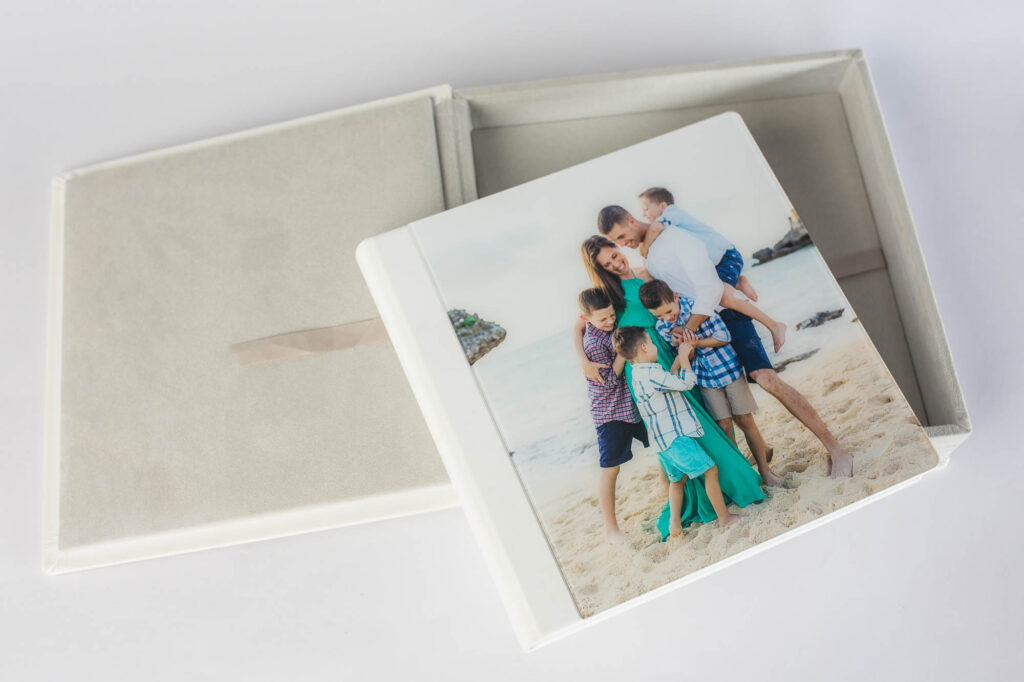family heirloom photo album and box sample lined in grey suede and white leather