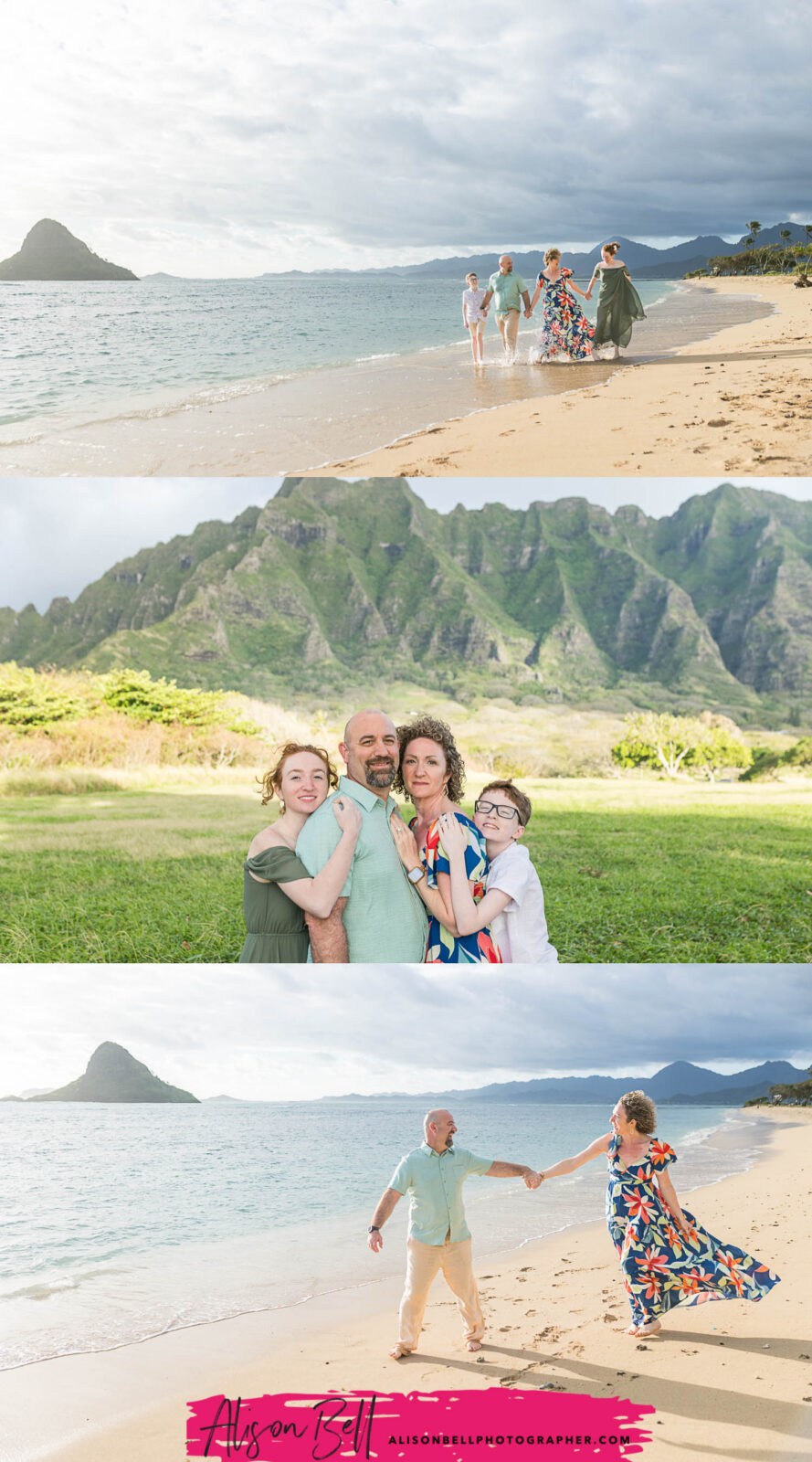 Family walking and embracing along the beach at Kualoa Regional Park with Koʻolau Mountains in Hawaii. Photography by Alison Bell, photographer in Hawaii.