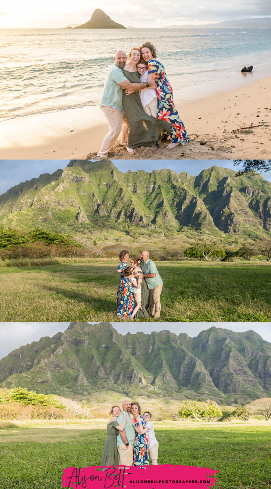 Family hugging and playing together on the beach and field at Kualoa Regional Park with Koʻolau Mountains. Photography by Alison Bell, photographer in Hawaii.