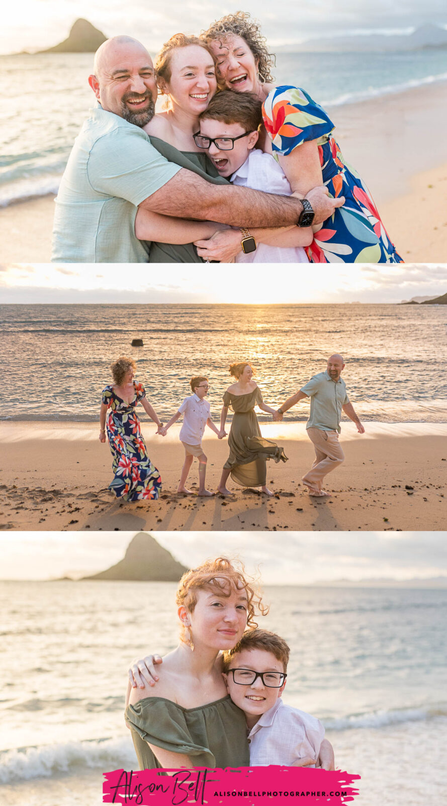 Family hugging and walking along the beach at Kualoa Regional Park at sunset. Photography by Alison Bell, photographer in Hawaii.