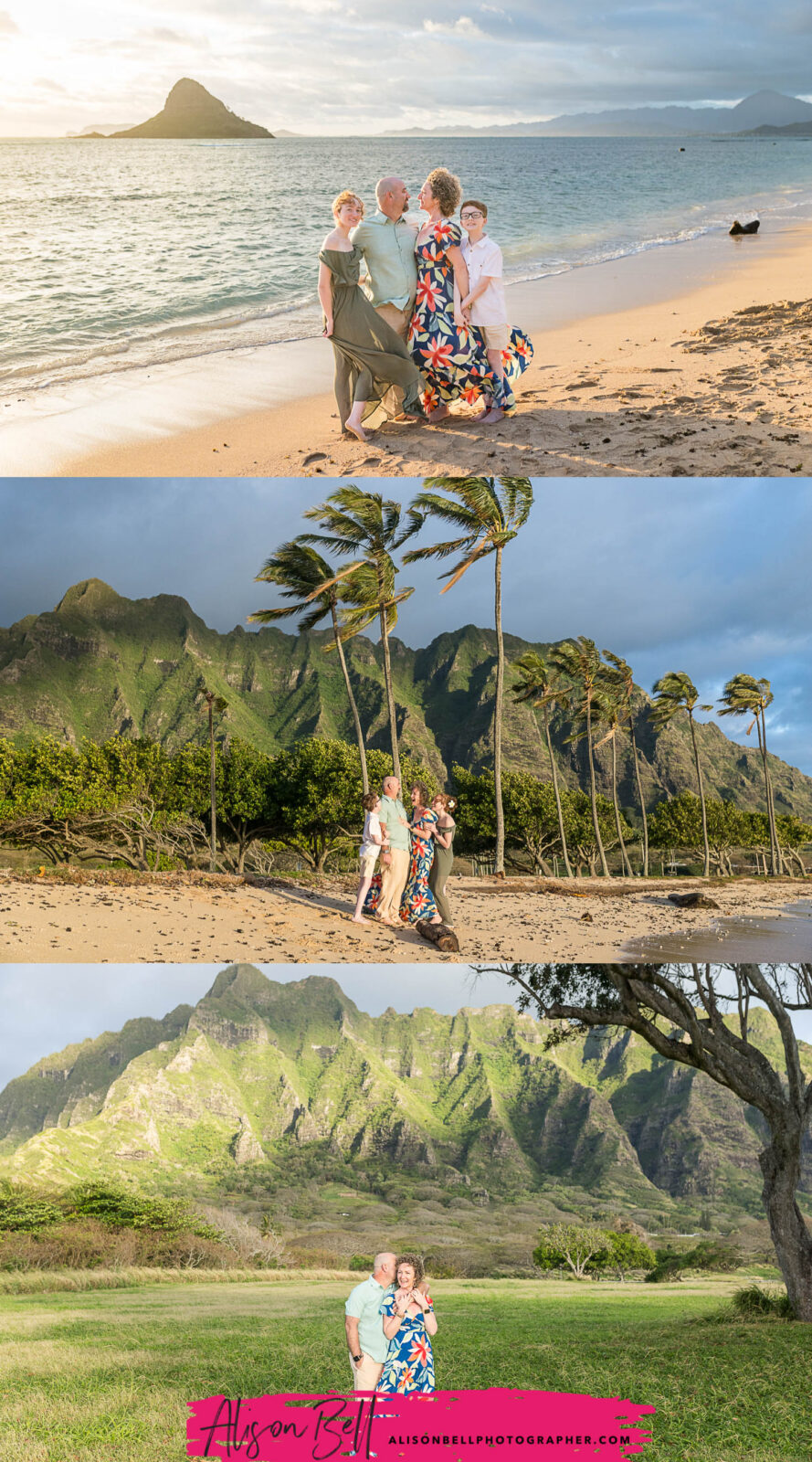 Family enjoying beach and mountain views at Kualoa Regional Park in  Hawaii. Photography by Alison Bell, photographer in Hawaii.