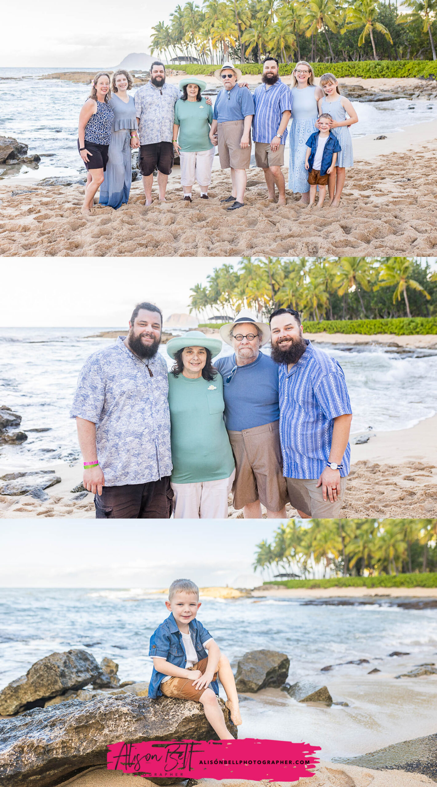 Extended family posing together on a sandy Ko Olina beach with rocky shoreline, ocean waves, and palm trees in Oʻahu, Hawaii. Photography by Alison Bell, photographer in Hawaii.