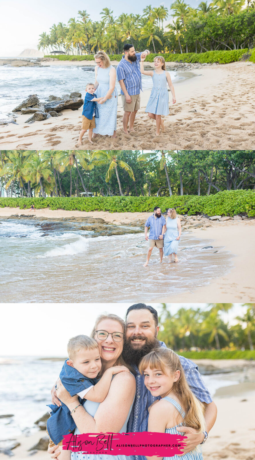 Family walking along the shoreline, splashing in the water, and cuddling together on a palm-lined beach at Ko Olina in Oʻahu, Hawaii. Photography by Alison Bell, photographer in Hawaii.