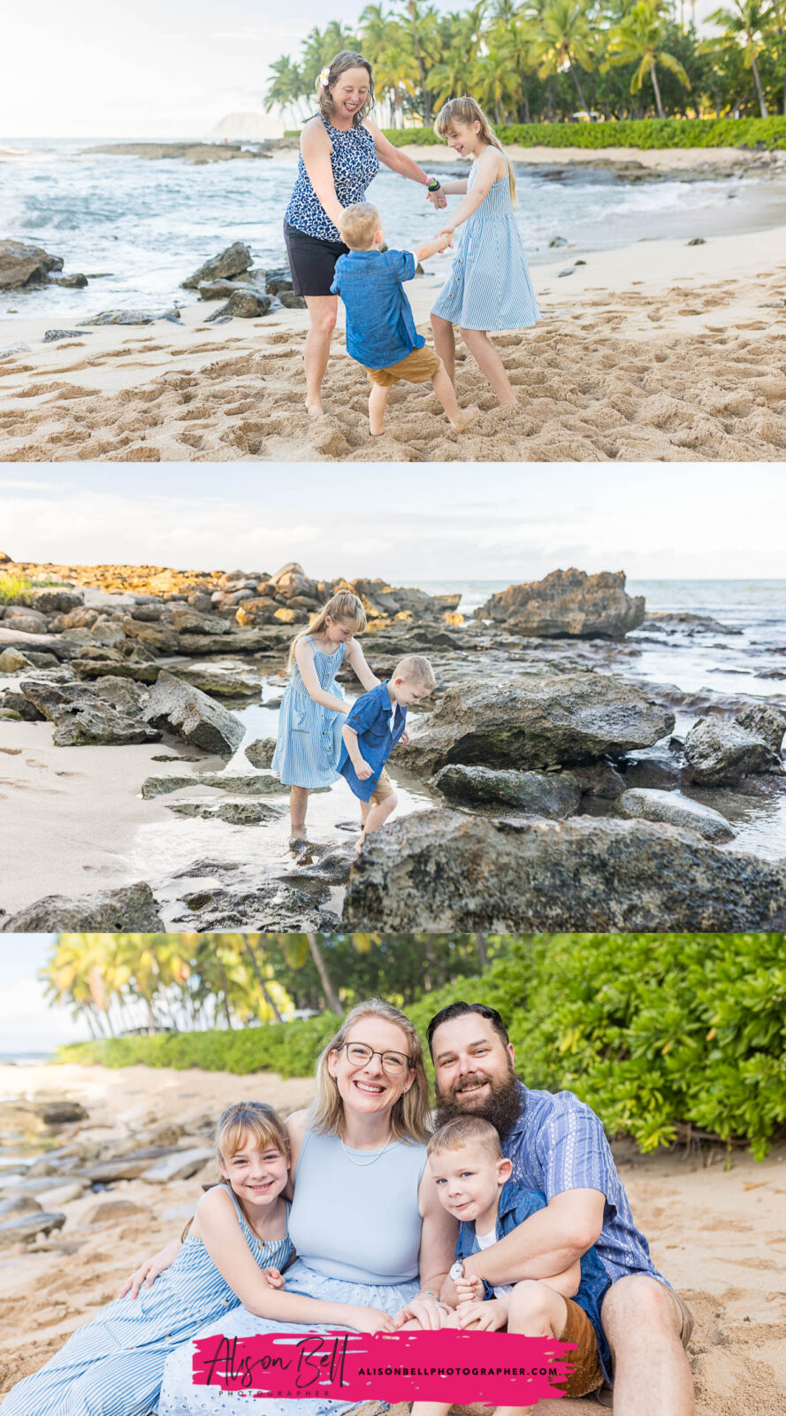 Family exploring tide pools at Ko Olina secret beach, Oahu Hawaii Photography by Alison Bell, photographer in Hawaii.